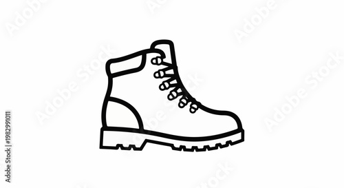 A black and white outline drawing of a sturdy hiking boot