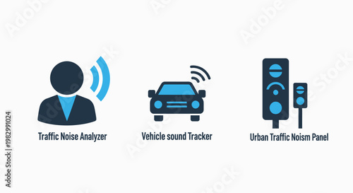 Traffic management icons noise analyzer vehicle tracker and signal panel with management transport analyzer monitoring technology analysis automobile application software illustration