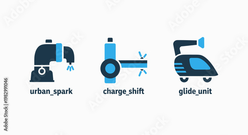 Set of three modern technology icons: urban spark charge shift glide unit with dark blue white background graphic resource abstract technology innovation communication abstract