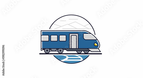 A blue, modern train passes through a stylized mountainous landscape