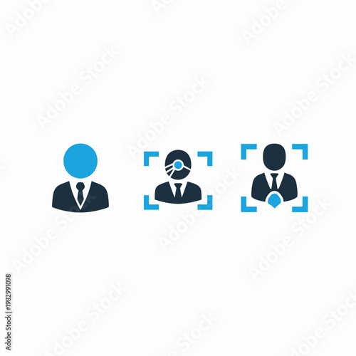 Icons representing facial recognition and identity verification with face id recognition identification biometric verification identity security surveillance technology business abstract