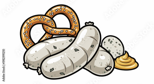 A cartoon depiction of a pretzel, sausages, and mustard