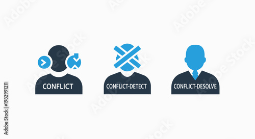 Conflict detected and conflict resolved icons conflict detected resolved disagreement disruption argument confrontation resolution solution settlement understanding communication