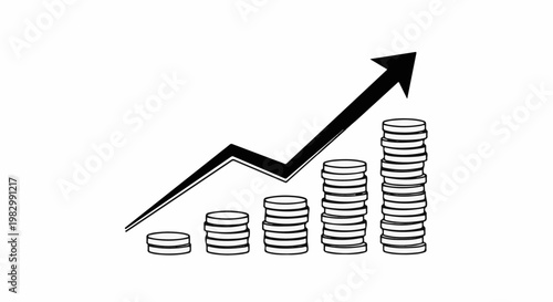 A black upward trending arrow graph over stacked coins on white background
