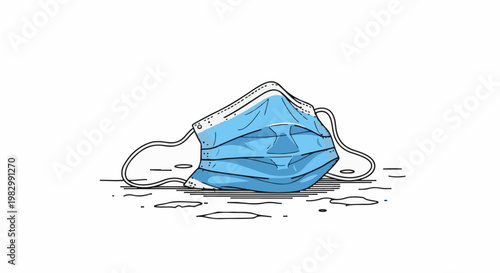 A blue surgical mask lies discarded on a white surface with abstract lines