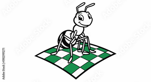 A cartoon ant stands proudly on a checkered green and white mat