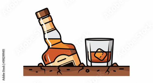 A bottle of amber liquor lies next to a glass with ice