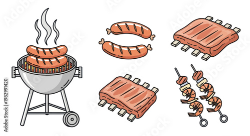 Hand-drawn BBQ grill and grilled meat set isolated on white background