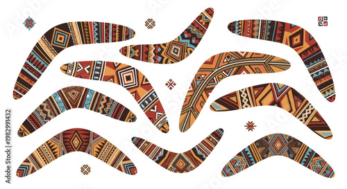 Collection of traditional boomerangs with ethnic Australian aboriginal patterns