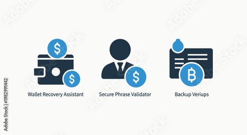 Digital finance icons representing wallet recovery assistant secure payout validator ledger verification with cryptocurrency blockchain recovery assistant validator verification currency
