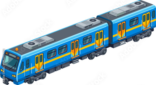 Modern commuter passenger train with blue and yellow livery
