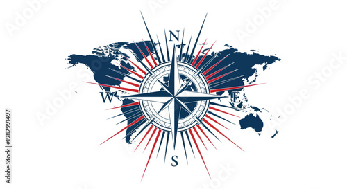 Nautical compass rose icon on world map background for global navigation