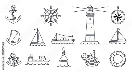 Set of nautical and maritime outline icons on white background