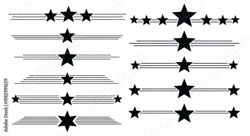 Collection of star line dividers and borders in black and white.