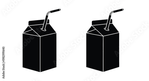 Two black milk cartons with straws a minimalist design on transparent background silhouette