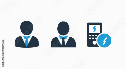 Business people icons and digital device with lightning bolt symbol flat design business professional lightning calculator technology communication electric electricity application employee