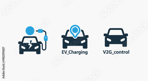 Electric vehicle (ev) charging and vehicle-to-grid (v2g) control technology icons for sustainable mobility with smart grid electric car charging station sustainable energy eco friendly charging