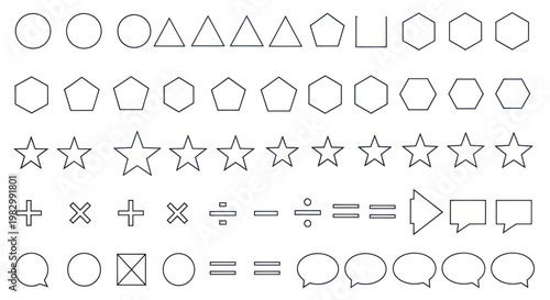 A collection of geometric shapes, mathematical symbols, and communication icons.