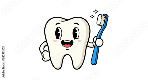 Cute Tooth Character Brushing Teeth with Toothbrush - Dental Hygiene Concept