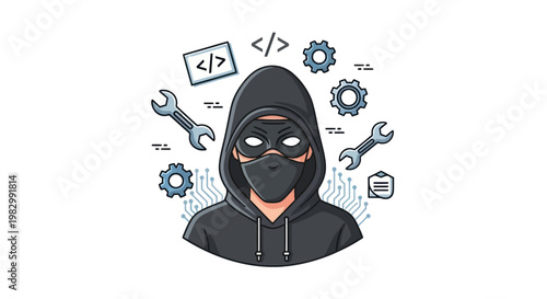 Anonymous hacker in a mask with coding symbols, gears, and wrenches