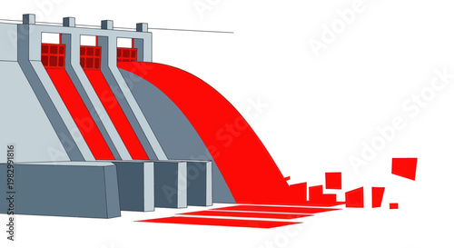 Dam releasing red liquid with abstract shapes