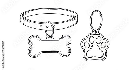 Dog Collar with Bone and Paw Print Tags - Hand Drawn Sketch