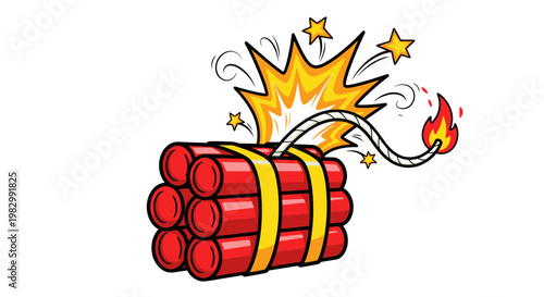 Exploding Dynamite Bundle with Burning Fuse and Stars - Danger Symbol