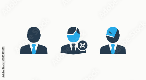 Business analyst professional profile icons showing male avatars with data metrics and information folder overlays for corporate performance reporting business professional analysis performance