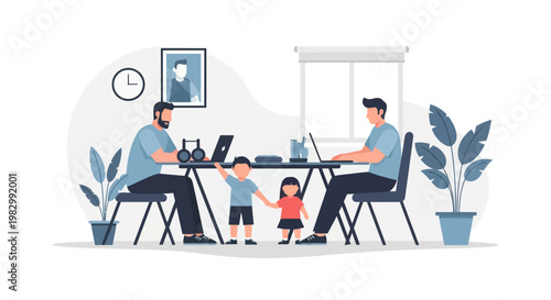 Same sex parents working from home while children play in the office