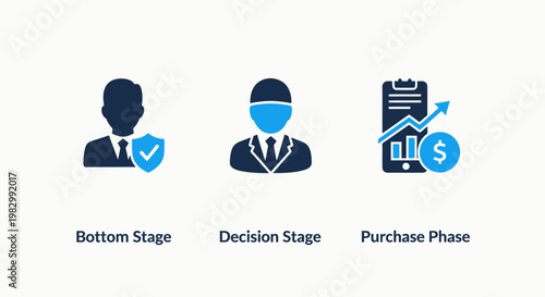 Customer journey stages infographic icons representing bottom stage decision stage and purchase phase for sales funnel marketing strategy with customer marketing business decision purchase