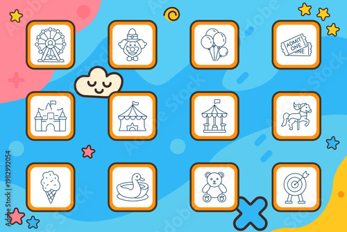 Amusement park set icon. Ferris wheel, clown head, balloons, admission ticket, castle, circus tent, carousel, rocking horse, ice cream, bumper boat, teddy bear, target game.