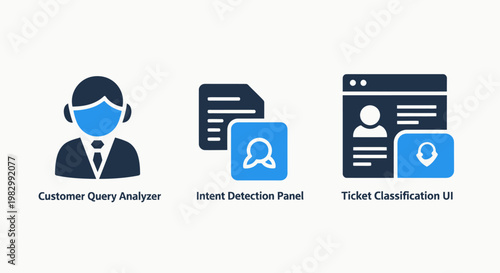 Customer query analyzer insert detective point ticket classification UI icons for support and data processing with user interface customer analyzer detective classification analysis information