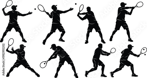 Tennis players silhouettes dynamic action poses isolated on transparent background