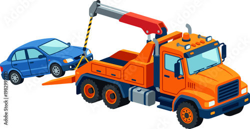 Orange tow truck recovering a blue sedan for roadside assistance service