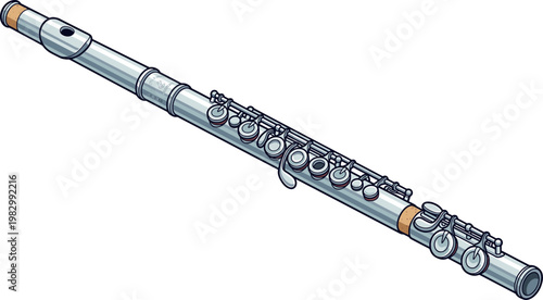 Orchestral silver flute musical instrument with detailed key mechanism