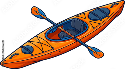 Orange touring kayak with black seat and wooden oar