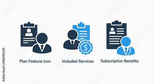 Set of business service and subscription plan icons representing account features and membership benefits with user profile symbols business subscription membership customer clipboard document
