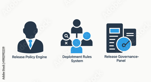 Corporate governance and software deployment icons representing policy engines rule systems release management panels governance deployment management dashboard business corporate