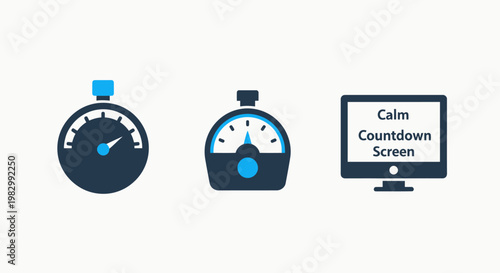 Performance tracking and time management icons featuring speed gauges and a digital countdown screen on a monitor speedometer stopwatch performance countdown management computer measurement