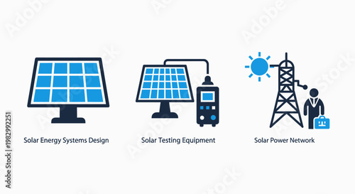 Renewable energy technology icons set featuring solar panel system tracking equipment and power network forecasting design renewable forecast tracking equipment electricity transmission