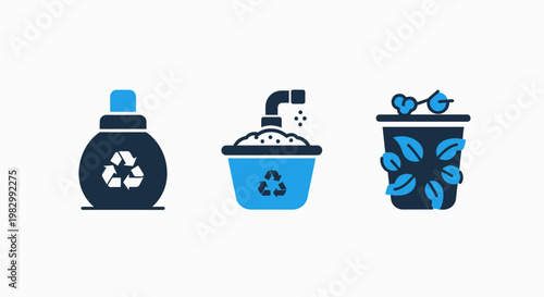 Collection of professional two tone icons for sustainable waste management including recycling plastic bottle filling a tub with drain and a compost bin with green leaves symbolizing ecology, disposal