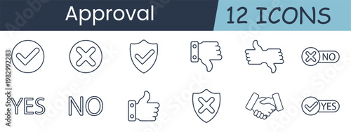 Approval set icon. Collection with check circle, cross circle, shield check, thumb down, thumb up, no badge, yes text, handshake, shield cross, confirmation badge