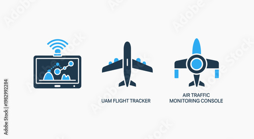 Modern aviation and air traffic control technology icons including a digital radar monitoring screen unmanned aircraft top view and an air traffic monitoring console sensor graphic with aviation