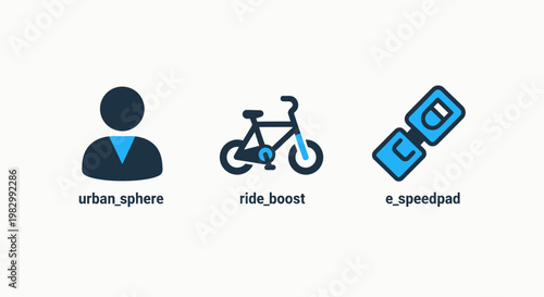 Urban mobility and sustainable city transportation icon set featuring a user profile silhouette a classic bicycle for ride boosting and an electric speedpad device for modern commuting, mobility