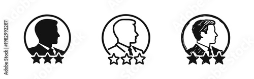 Professional Male Profile Rating Icon Set with Stars in Flat and Hand-Drawn Styles