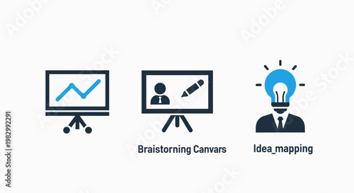 Business brainstorming and strategy icon set featuring growth charts idea mapping and creative thought process concepts brainstorming creative strategy business planning lightbulb inspiration