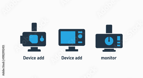 Professional security camera and digital monitor hardware icons for device addition and system surveillance setup design with technology hardware interface monitoring addition computer software