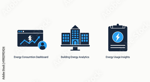 Building energy analytics and consumption dashboard icons for professional power usage insights and efficiency monitoring systems with consumption analytics building insights dashboard efficiency