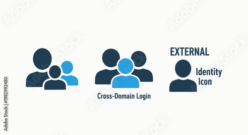 Business identity and digital access icon set featuring cross-domain login and external user profile symbols for web development sign in identity external security interface collection software
