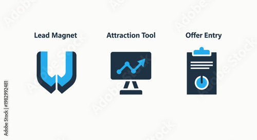 Marketing strategy and sales funnel icon collection with lead magnet attraction tool and offer entry symbols for business growth marketing attraction business strategy collection clipboard